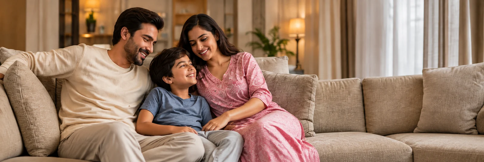 A family relaxing together in comfortable everyday clothing