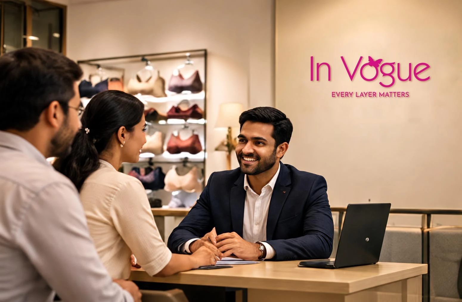 An In Vogue advisor discussing store plans with prospective franchise partners